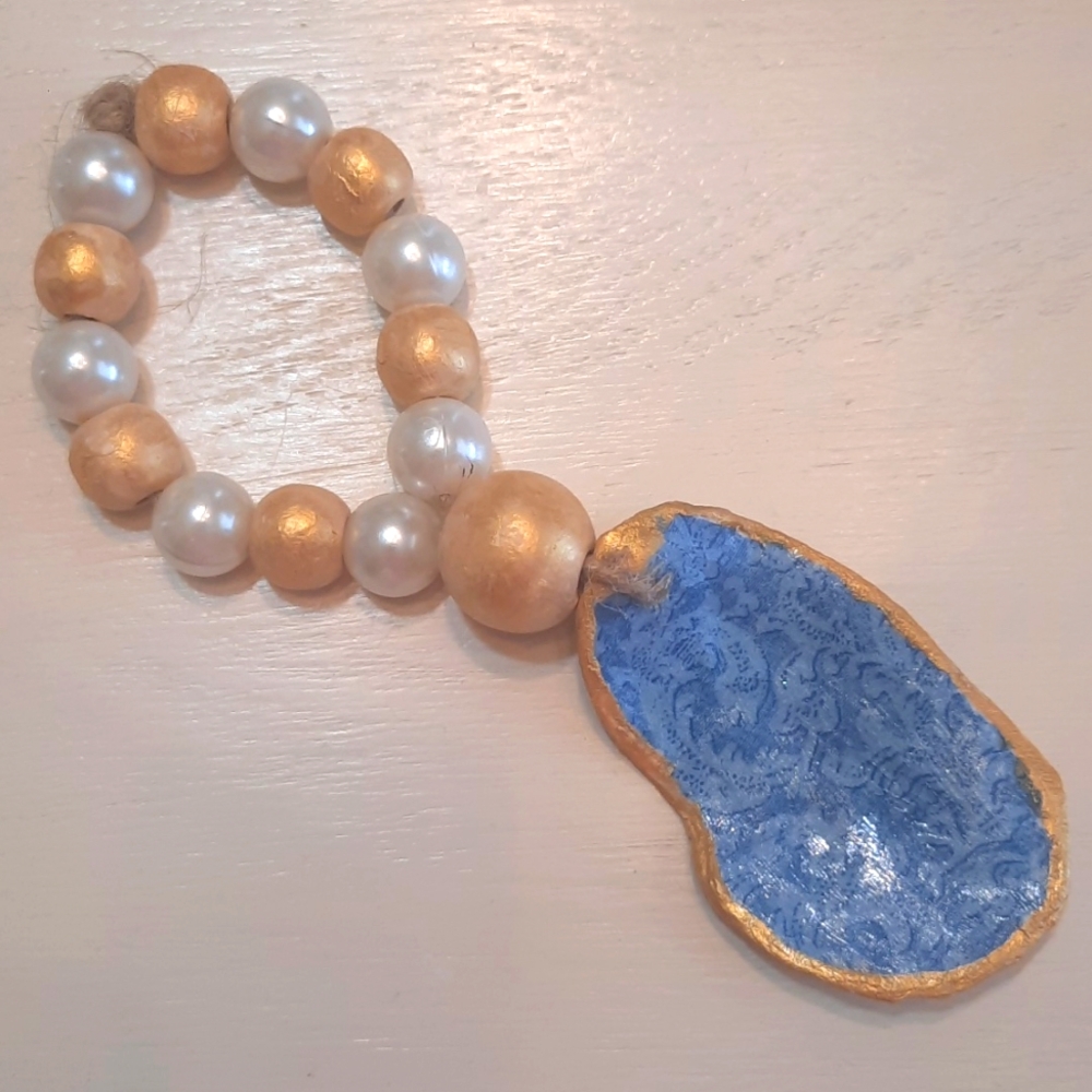 Floral Blue &  Gold Decoupage Oyster Shell Beaded Accents #956